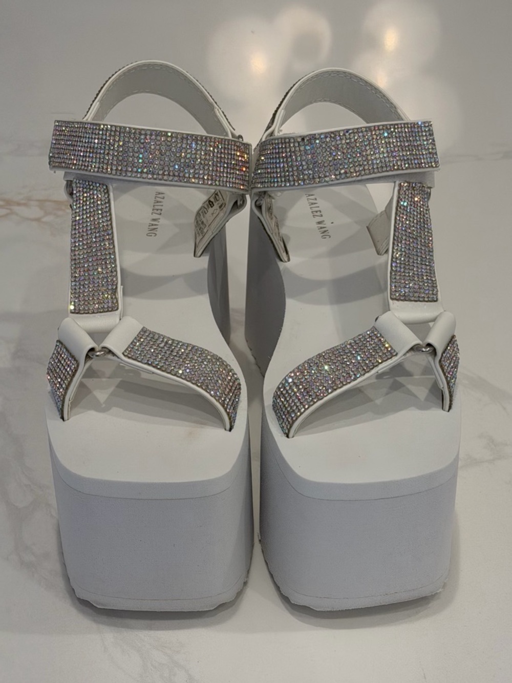 White Platform Sandals with Sparkling Rhinestone Straps
